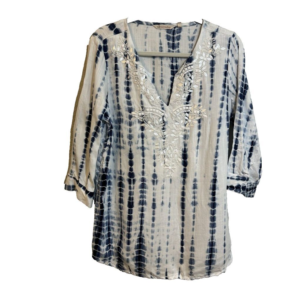 Soft Surroundings Beaded Tie Dye Tunic‎ Top Women's Medium Tencel